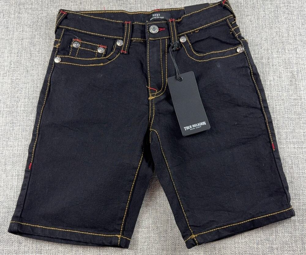 True Religion Boys Ricky Denim Shorts Size 12 Black Red Big T Flap Pocket NWT